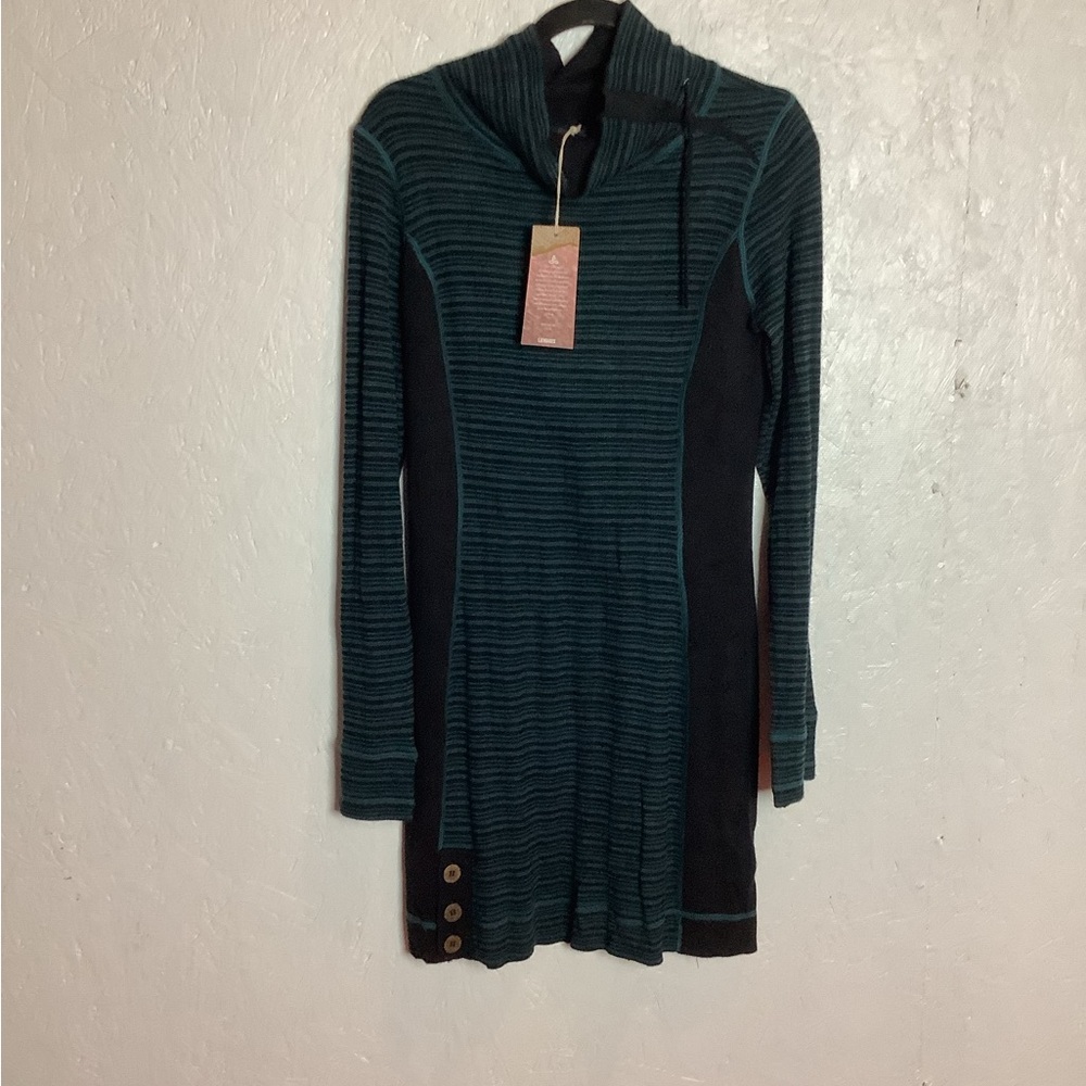 Blue and black Prana cowl neck knee length sweater dress